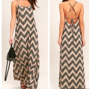 Lulus Black Beige Chevron Maxi Dress Open Back Tie Strap Flowy Size L